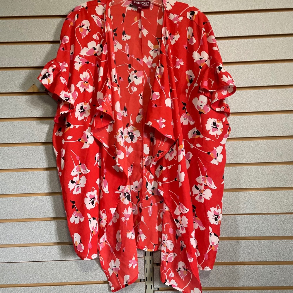 Delancey Studio Womens 1X Red Floral Print Open Front Ruffle Sleeve Kimono
